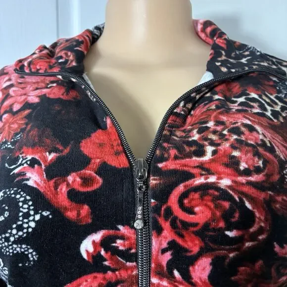 Onque Women's Jacket Size Large Black Red Paisley Floral Full Zip faux velvet - Picture 2 of 7